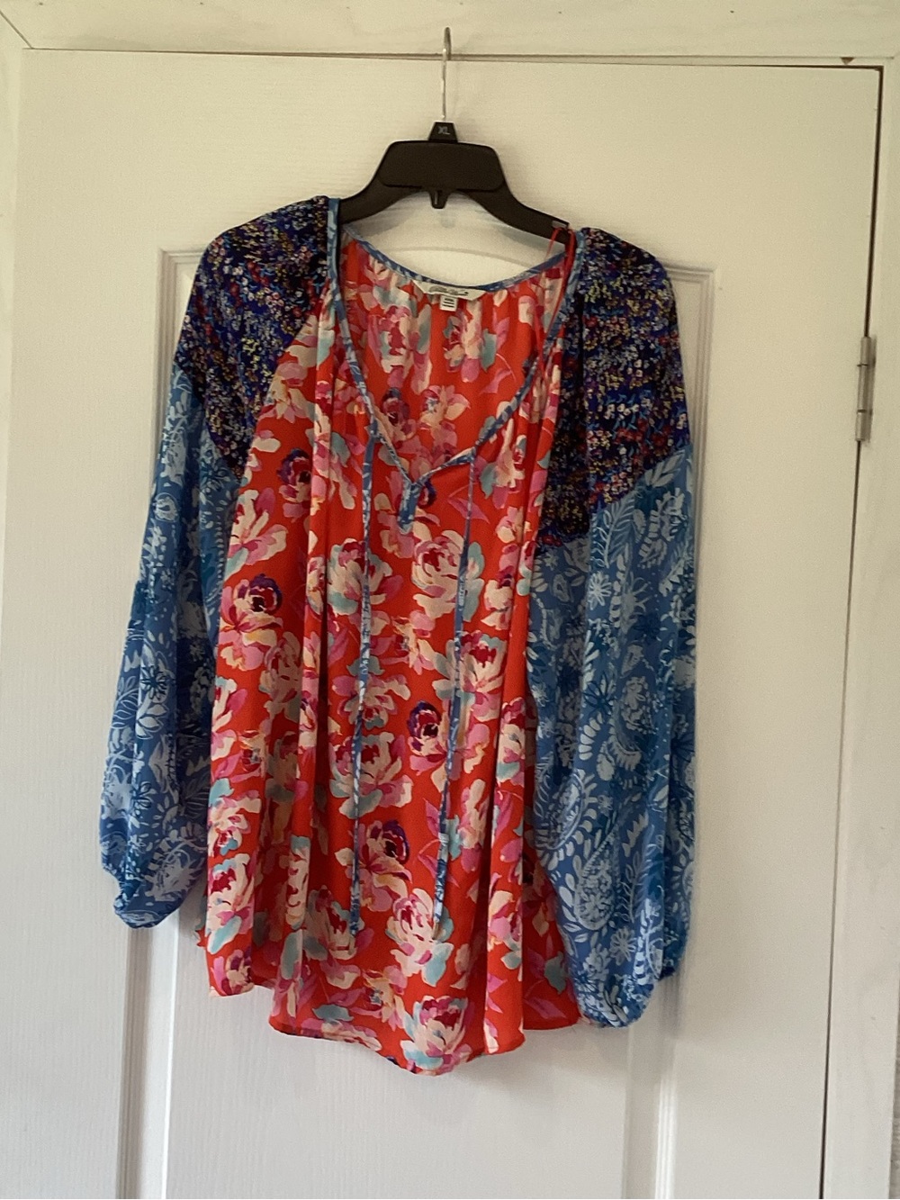 The Pioneer Woman Coral & Blue Mixed-Print Peasant Blouse 3XL EUC